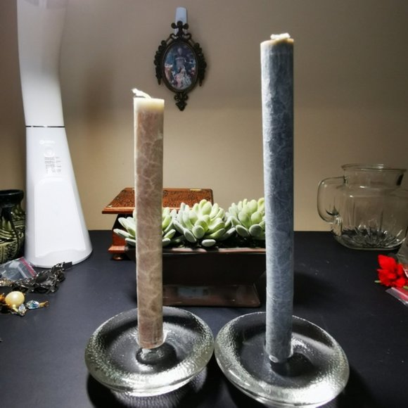 Pair of Discus Shaped Clear Glass Candle Stick Holders - Picture 13 of 13